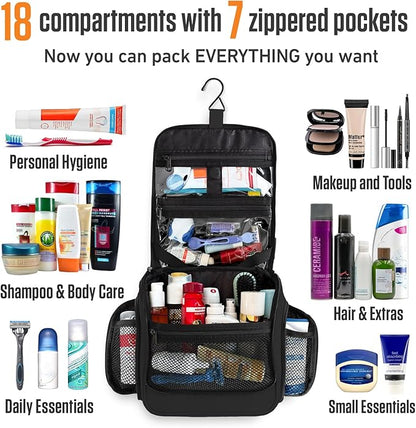 VENTURE 4TH Hanging Travel Toiletry Bag for Women & Men – Large Toiletry Organizer with 18 Compartments, Removable TSA Pouch, Travel Wash Bag for Toiletries, Makeup & Shaving Kit (Black)
