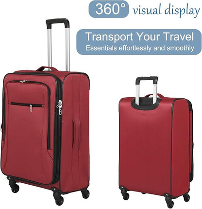 3pcs Set Softside Luggage Sets With Spinner Wheels, Expandable Softshell Suitcase Set with front pocket, 28inch, 24inch, 20inch Lightweight fabric luggage(RED)