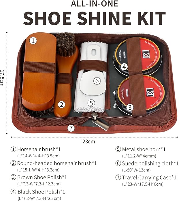 IKI Shoe Shine Polish Kit - 7PCS Leather Boot Care Kit with Black Brown Shoe Polish Horsehair Brush Cloth Shoe Horn for Men