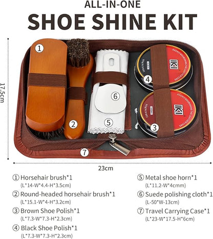 IKI Shoe Shine Polish Kit - 7PCS Leather Boot Care Kit with Black Brown Shoe Polish Horsehair Brush Cloth Shoe Horn for Men