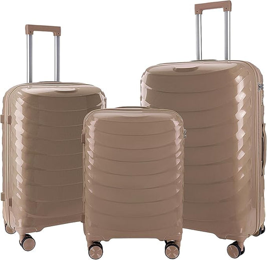 LARVENDER Luggage Sets 3 Piece, Hardside PP Carry On Luggage Suitcase with 360° Spinner Wheels Suitcase Sets for Women Men, Champagne