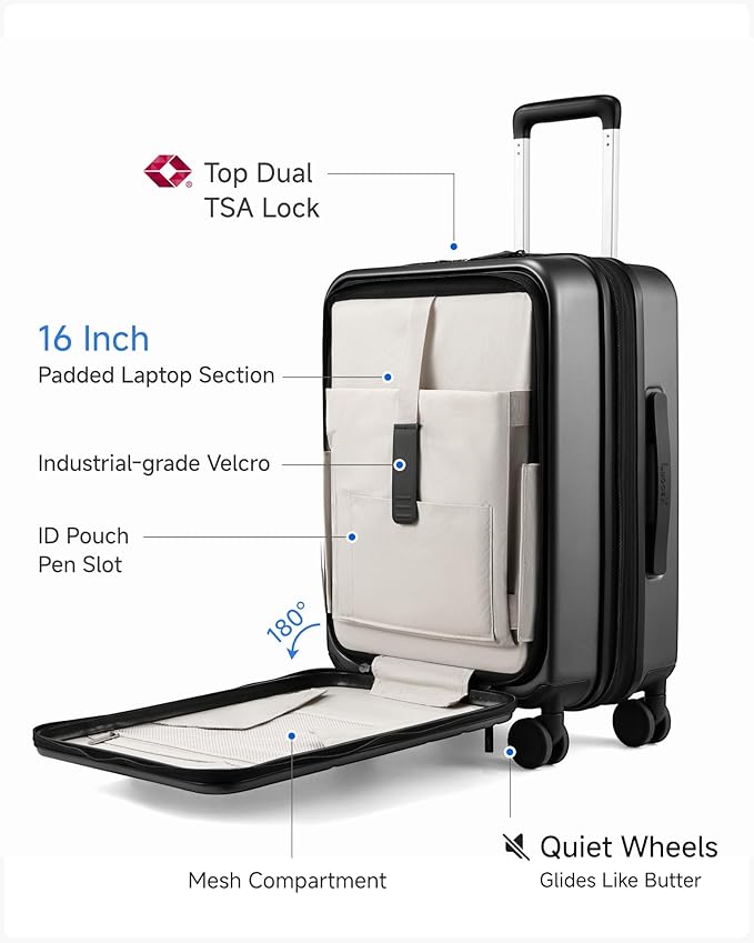 Luggage Sets 2 Piece, FLO5 Expandable Polycarbonate Hard Shell Suitcase Sets with Front Pocket (FX-Core, Black, 20/28 Inch)