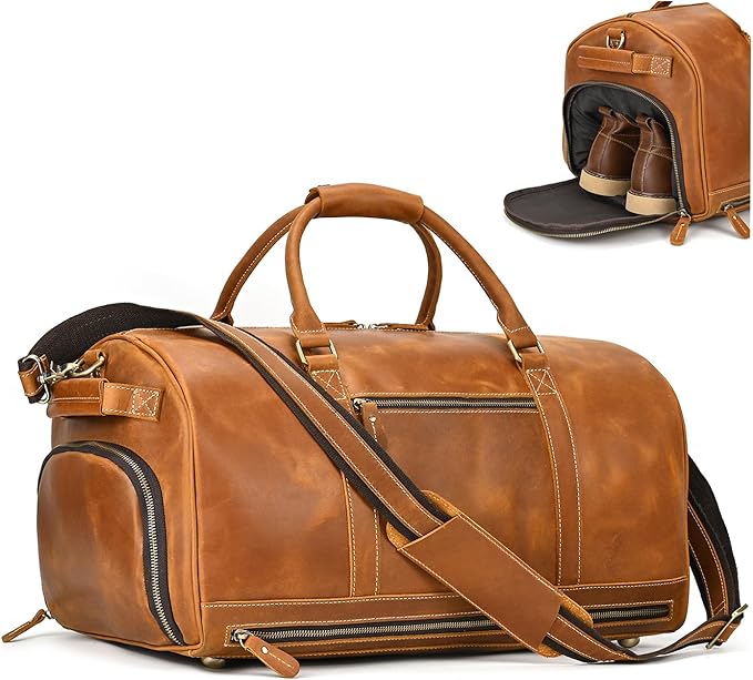 Full-grain Leather Travel Bag Large Capacity Duffel Luggage Bag with Shoe Compartment, Men Weekend Overnight Bag for Business Holiday Trip, Light Brown