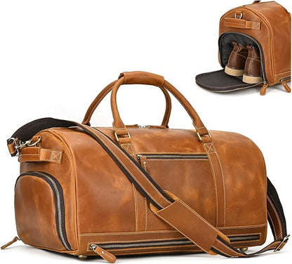 Full-grain Leather Travel Bag Large Capacity Duffel Luggage Bag with Shoe Compartment, Men Weekend Overnight Bag for Business Holiday Trip, Light Brown