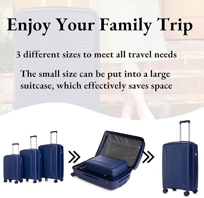 3-Piece PP Hard Shell Spinner Luggage Set (20" 24" 28") with Combination Lock, Adjustable Pull Rod Suitcases, Blue