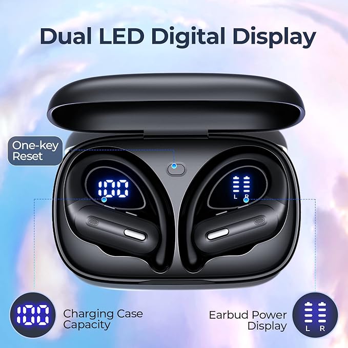 Active Noise Cancelling Wireless Earbuds Bluetooth Headphones 90 Hrs Playtime Ear Buds with Power Display Over-Ear Earphones with Earhooks IPX7 Waterproof Stereo Transparency Headset for Sports/Gym