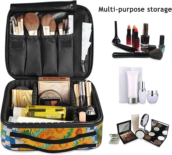MNSRUU Travel Makeup Bag, Sunflower Blue and White Plaid Women Makeup Case Organizer Cosmetic Toiletry Bag for Teenage Girl with Adjustable Dividers