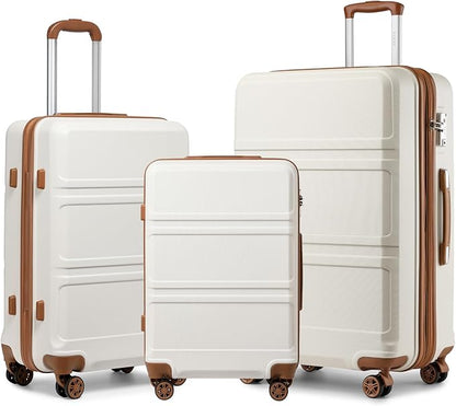 Kono 3 Piece Luggage Sets Expandable(only 28") with Spinner Wheels TSA Lock Lightweight PC+ABS Hardside Travel Rolling Suitcases 20in 24in 28in Carry on Cream White