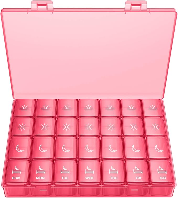 XL Pill Organizer 4 Times a Day, BUG HULL Extra Large Weekly Pill Box Case, 7 Day Vitamin Container Daily Pill Holder for Cod-Liver Oil, Vitamins, Supplements