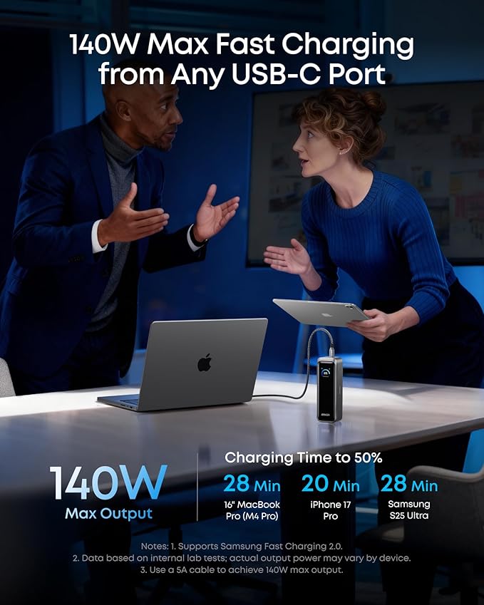 Anker Prime Power Bank, 20,100mAh 3-Port Portable Charger with 220W Max Output, Two-Way Charging, TSA-Approved, App Control, for MacBook, iPhone 17/16 Series, and More (Base Not Included)