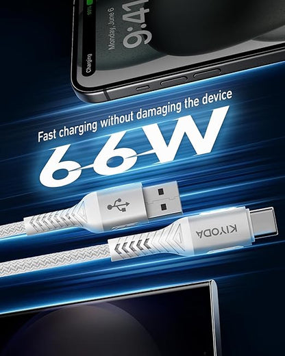 USB A to USB C Cable Fast Charging 66W, 2Pack 3FT Coiled Braided USBC Phone Charger Cables for Car, Short USB to USB Type C Cord for iPhone 17 16 15 Pro Max, Samsung Galaxy S24 S23 and More-Silver