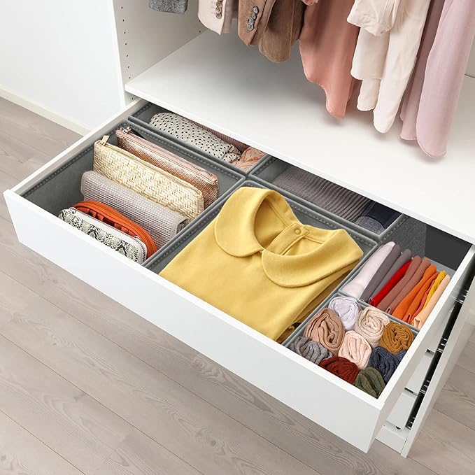 12 Pack Drawer Organizers for Clothing, Foldable Clothes Storage Box Closet Dresser Drawer Organizers Dividers, Bedroom Organization Fabric Bins for Baby Clothes Underwear Sock Bra Ties (Grey)