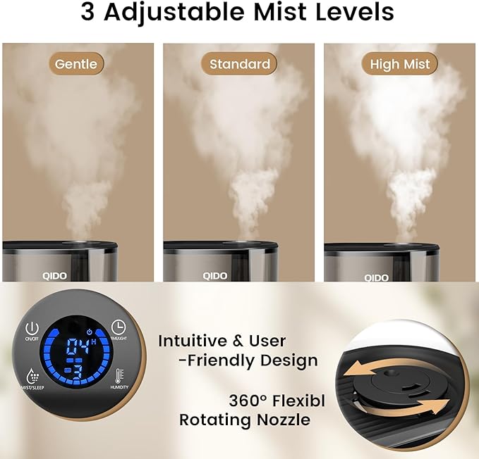 COMHOMA Smart Humidifiers for Bedroom, 5L Top Fill Supersized Humidifier Essential Oil Diffuser for Baby & Plants, 3 adjustable Mist with 28dB Quiet, Touch/APP/7-color Nightlight, 36H Runtime, Black