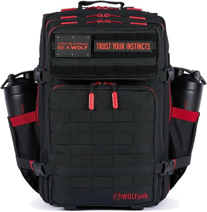 WOLFpak 45L Athletic Gym Backpack - Durable 1000D Waterproof Oxford Material with MOLLE Webbing, Laptop Pocket & Dual Cup Holders, Durable Fitness/Travel/Military Daypack (Red Wolf)