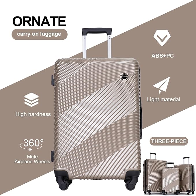 Luggage Sets 3 Piece, Hardside PC ABS Suitcase Set with Spinner Wheels, Lightweight Travel Carry-on and Checked Luggage, 3-Piece Set(20/24/28), Gold