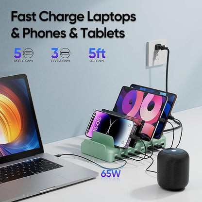 300W Charging Station for Multiple Devices, 8 Port Multi USB C Fast Charger Station Dock for MacBook iPhone 16/15/14/13/12 Samsung Pixel Series iPad, Green (6 Mixed Short Cables Included)