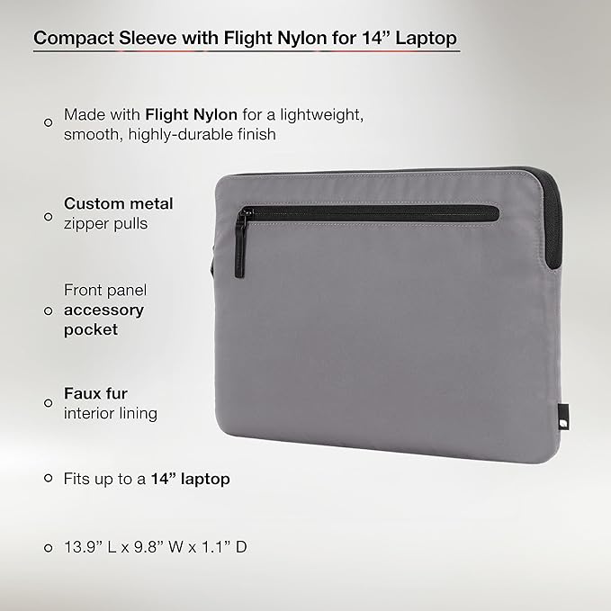 Incase Compact Laptop Sleeve with Flight Nylon - 14-inch MacBook/Laptop & iPad/Tablet Sleeve - Faux Fur Lining, Lightweight, Durable, Weather Resistant, Slip Pocket for Accessories - Conte Grey