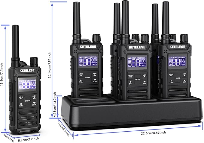 KETELESE T3G Heavy Duty Walkie Talkies Type-C Rechargeable, IP67 Waterproof 2 Way Radios with Earpiece, Adapter, Dock, PTT Group, NOAA, VOX, 6 Pack Walkie Talkie for Adult Black/Grey
