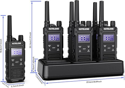 KETELESE T3G Heavy Duty Walkie Talkies Type-C Rechargeable, IP67 Waterproof 2 Way Radios with Earpiece, Adapter, Dock, PTT Group, NOAA, VOX, 6 Pack Walkie Talkie for Adult Black/Grey