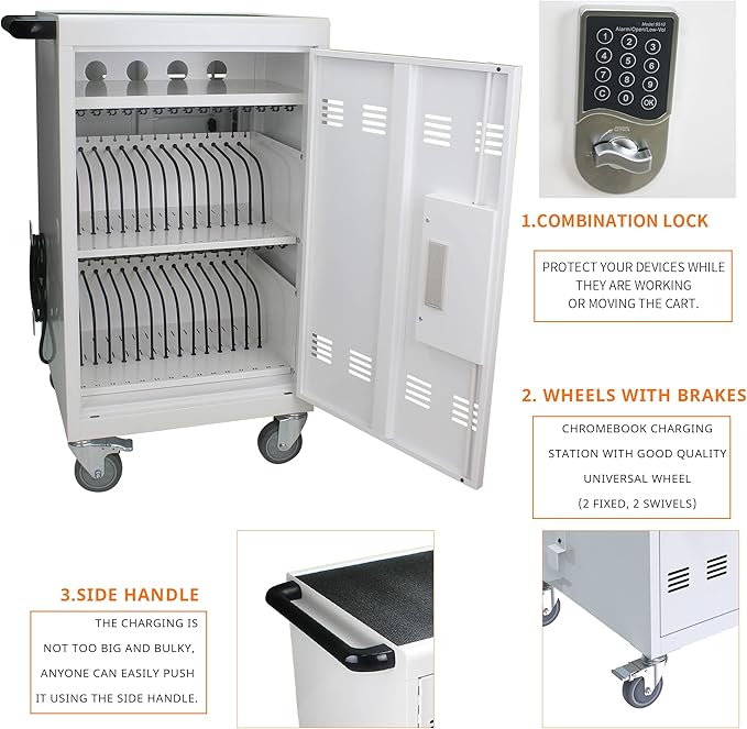 32-Bay 6Pack Mobile School Charging Cart Station for Chromebook, Tablet and Laptop Computer with Combination Lock，Surge Protection, White