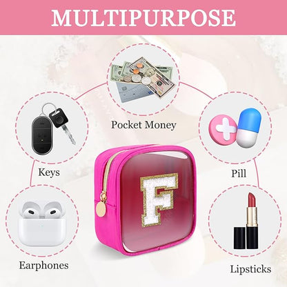 Mini Clear Personalized Initial Makeup Bag,Nylon Preppy A-Z Chenille Letter Patch Zipper Cosmetic Bag, Small Cute Beach Pouch Travel Purse Sanitary Napkin Storage Bag for Women Girls(Hot Pink-White F)