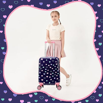 Kid's Luggage Set 2 Piece Suitcase Set Hardside Luggage with Spinner Wheels Girls Carry on Toddler Travel Rolling Suitcase with Neck Pillow Airline Approved