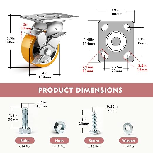 4 Inch Heavy Duty Casters Set of 4, Industrial Locking Casters 4000lbs Load Capacity, Plate Swivel Castor Wheels for Heavy Duty Carts, Workbench, Equipment, Platform Truck (Orange)