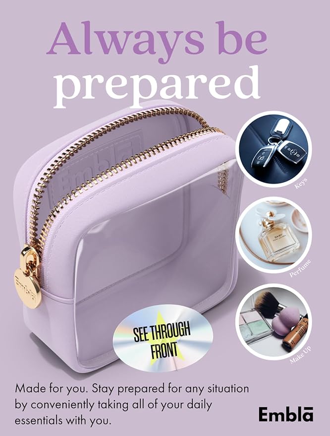 Embla London Makeup Bag Cosmetic Case, Clear Zipper Make Up Pouch and Toiletry Travel Tote, Cute Skincare Pouches for Women Girls, Preppy Purse Cosmetic Organizer, Mini Makeup Bags, Lilac