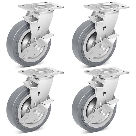 Nefish 6 Inch Heavy Duty Casters Wheels, Industrial Grade Thermoplastic Rubber Casters with Brake 4500 LBS, Ball Bearing Plate Swivel Castors Set of 4, Casters Wheels for Equipment, Industrial