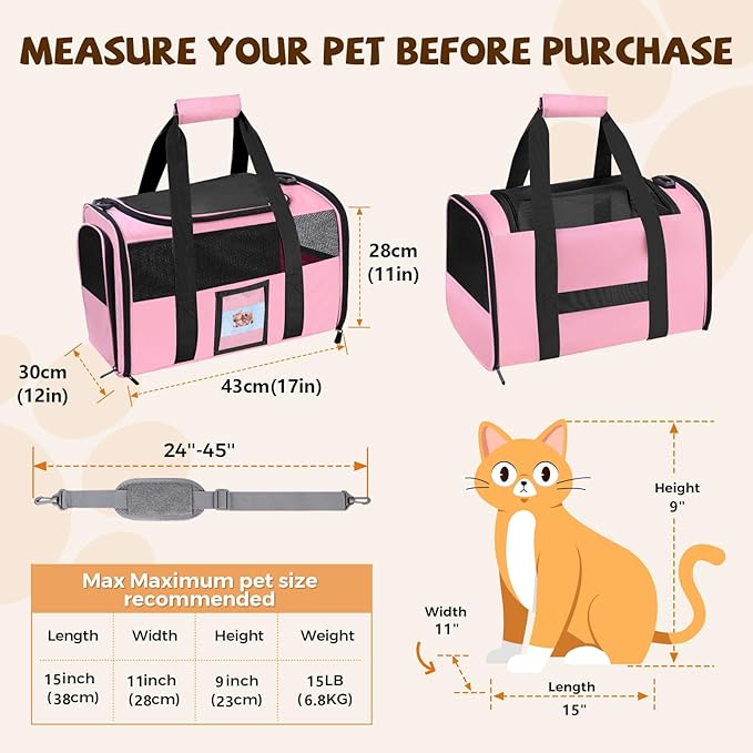 Cat Carrier Soft for Pets Up to 15 Lbs, Cat Travel Bag with Padded Shoulder Strap and Detachable Cat Food Bowl, Pet Dog Carriers for Small Dogs Travel Puppy Carry Airline Approved, Pink