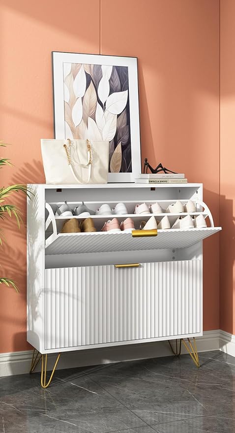 Shoe Storage Cabinet with 2 Flip Drawers, 31.5" W Fluted Shoe Cabinet for Entryway, Hidden Shoe Cabinet Storage, Narrow Free Standing Shoe Orgnaizer Rack Cabinet for Foyer Hallway, White