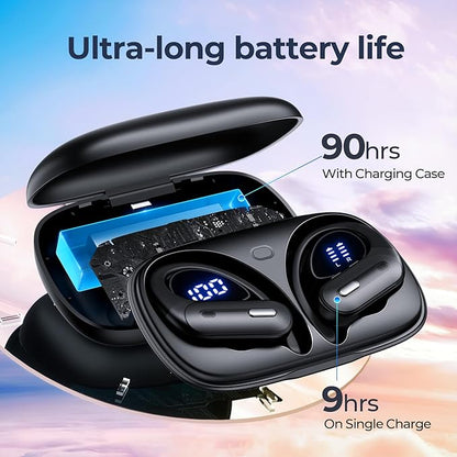 Active Noise Cancelling Wireless Earbuds Bluetooth Headphones 90 Hrs Playtime Ear Buds with Power Display Over-Ear Earphones with Earhooks IPX7 Waterproof Stereo Transparency Headset for Sports/Gym