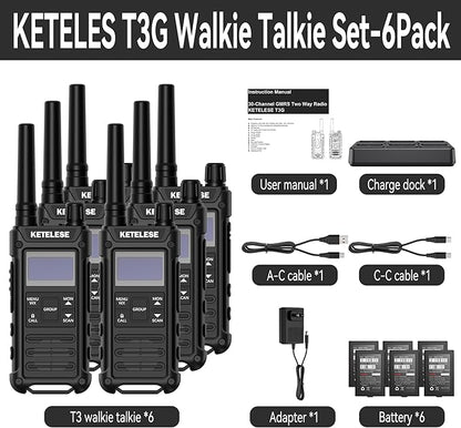 KETELESE T3G Heavy Duty Walkie Talkies Type-C Rechargeable, IP67 Waterproof 2 Way Radios with Earpiece, Adapter, Dock, PTT Group, NOAA, VOX, 6 Pack Walkie Talkie for Adult Black/Grey