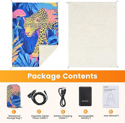 WOOMER Heated Blanket Battery Operated 50x70 Inches, 15000mAh Cordless Electric Blanket with 3 Heat Settings, Waterproof Portable Rechargeable Heating Blanket for Outdoor Camping Travel, Cheetah