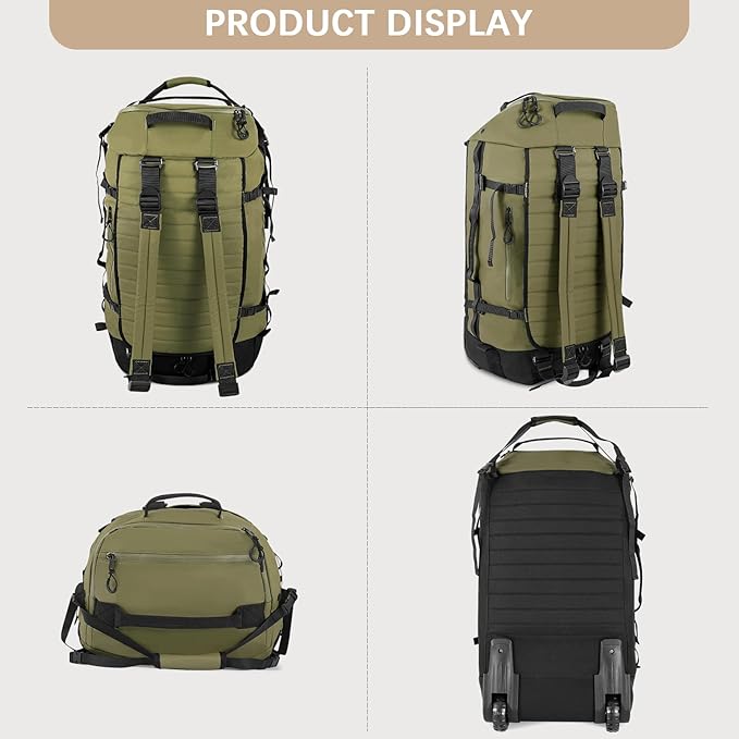 CONTAIL 86L Wheeled Duffel Bag, Soft Shell with Adjustable Web Handles, Carry On Size 29.5x14.2x12.6in, Foldable with Dual Wheels & Shoe Compartment,Army Green