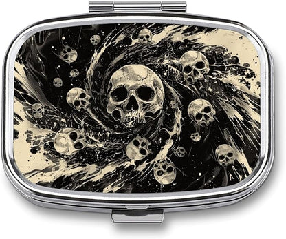 Metal 2 Compartment Pill Organizer Travel Friendly Portable Compact Pill Box Cute Pill Case,for Pocket Wallets Daily Portable Medicine Vitamin Tablet Storage (The Skeleton in The Vortex)