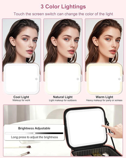 Relavel Initial Makeup Bag with LED Mirror for Women Girls, Personalized Travel Cosmetic Organizer Train Case, Birthday Gifts for Grandkids Bridesmaid Graduation Teacher Friends, Trendy Stuff, Pink W
