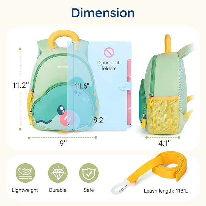 mommore Toddler Backpack for Boys 2-4 Cute 3D Kids Backpack Dinosaur Small Pre-K Backpacks Water-Resistant for Preschool Kindergarten with Toddler Leash, Chest Buckle