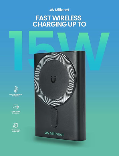 10000mAh Magnetic Power Bank | 15W MagSafe-Compatible Wireless Portable Charger, PD 20W Fast Charging Battery Pack with USB-C, Foldable Stand & 3-in-1 Cable | for iPhone 17/16/15/14/13/12