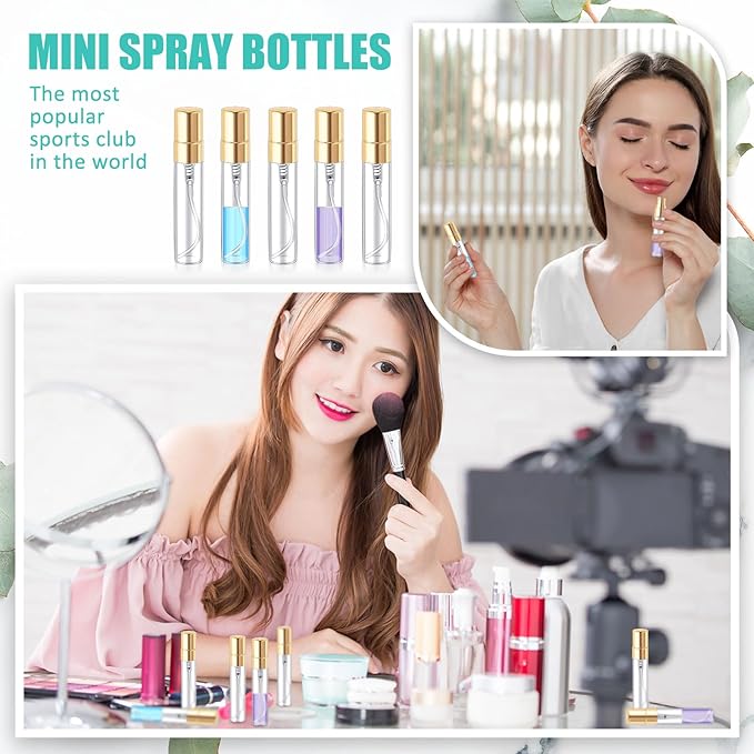 Zhehao 200 Pcs Mini Spray Bottles 5 ml Clear Glass Perfume Bottles Refillable Fine Mist Perfume Atomizer Portable Empty Sample Containers for Cleaning, Essential Oils, Travel (Gold Cap)