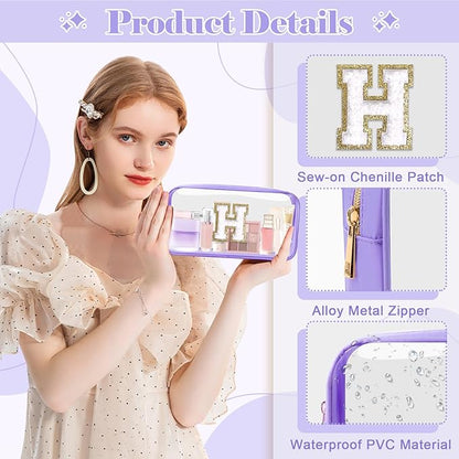 Personalized Initial Letter Clear Makeup Bag,Preppy Small Nylon&PVC Cosmetic Zipper Bag with Chenille Letter,Travel Skincare Toiletry Bag,Monogram Christmas Gift for Teen Girls Women,H