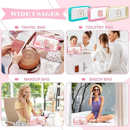 Personalized Initial Letter Clear Makeup Bag,Preppy Small Nylon&PVC Cosmetic Zipper Bag with Chenille Letter,Portable Beach Travel Skincare Toiletry Bag,Trendy Monogram Gift for Teen Girls Women,Q