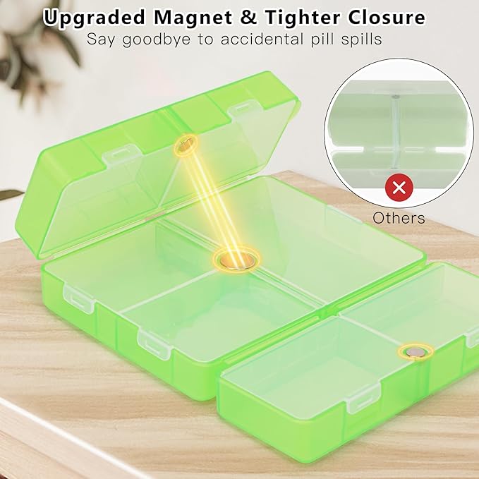 FYY Daily Pill Organizer,7 Compartments Portable Pill Case Travel Pill Organizer,[Folding Design] Large Pill Box for Purse Pocket to Hold Vitamins,Cod Liver Oil,Supplements and Medication-Clear Green