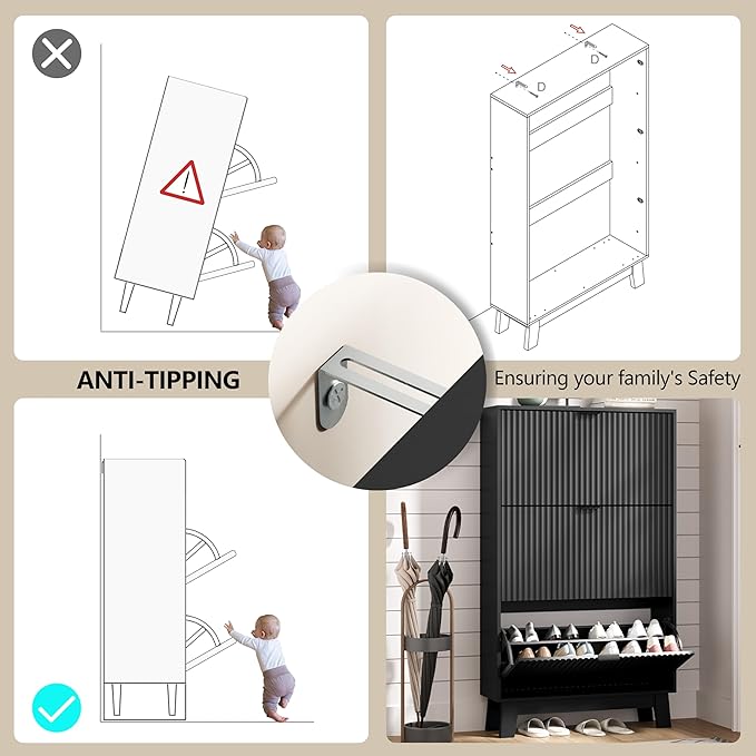 Shoe Cabinet Storage for Entryway with 3 Flip Drawers, Fluted Narrow Shoe Organizer with Wooden Legs, Freestanding Slim Shoe Storage Hidden Shoe Rack Organizer for Front Door Entrance, Hallway, Black
