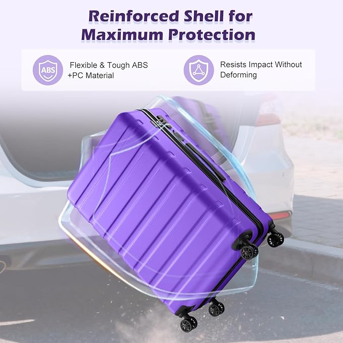 AnyZip Suitcase Hardside PC ABS Lightweight USB Luggage with Wheels TSA Lock Checked-Medium 24 Inch Violet Purple