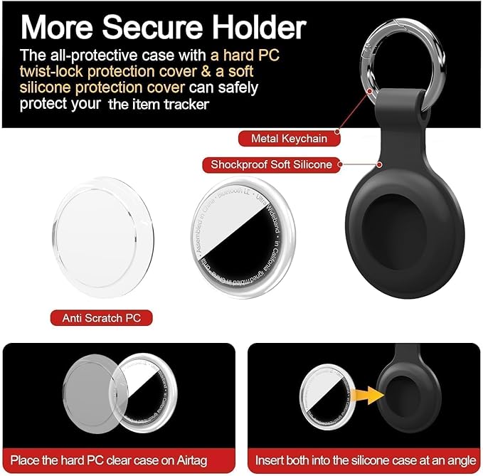 Upgrade Compatible with AirTag Holder Keychain Waterproof Silicone for Air Tag Case with Transparent Shell Key Ring Tags Chain for Apple GPS Item Finders Accessories, Black