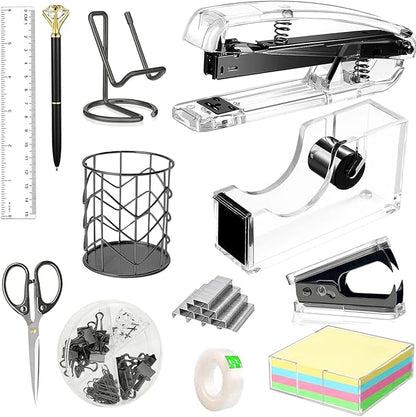 Office Desk Accessories, Acrylic Stapler, Staple Remover, Tape Holder, Pen Holder, Ballpoint Pen, Scissor, Binder Clips, 1000pcs Staples, Phone Holder, Ruler, Transparent Glue and 300 Notes