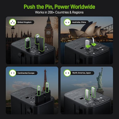 Epicka Pulse Duo 45W International Power Adapter, Universal Travel Adapter with 6-Port (2 AC/2 USB-A/2 USB-C), European Travel Plug Adapter with PD & QC 3.0 Fast Charging, Travel Essentials (Black)