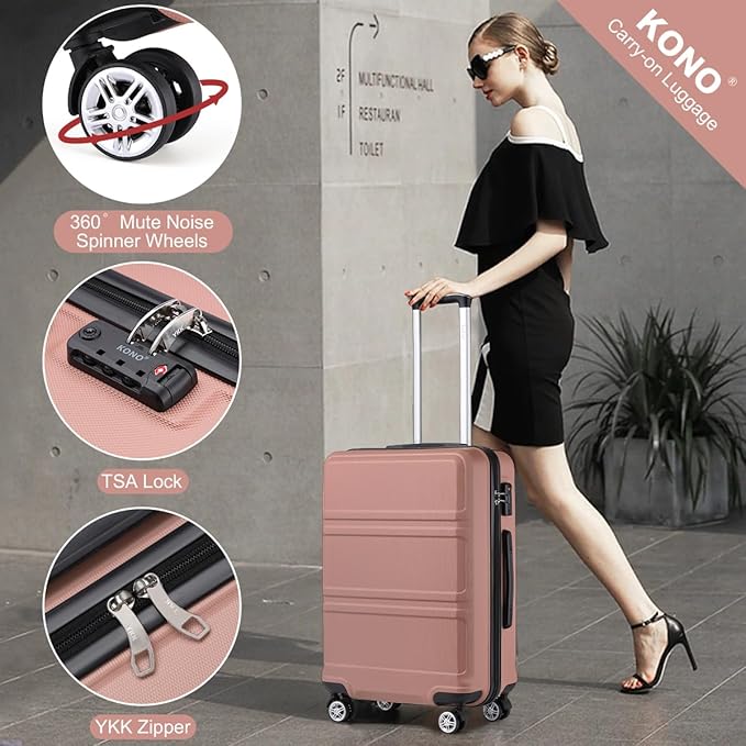 Kono 4 Piece Luggage Sets Expandable(only 28") with Spinner Wheels TSA Lock Lightweight PC+ABS Hardside Travel Rolling Suitcases 20in 24in 28in Carry on and 12in Mini Cosmetic Case Nude/Rose Pink
