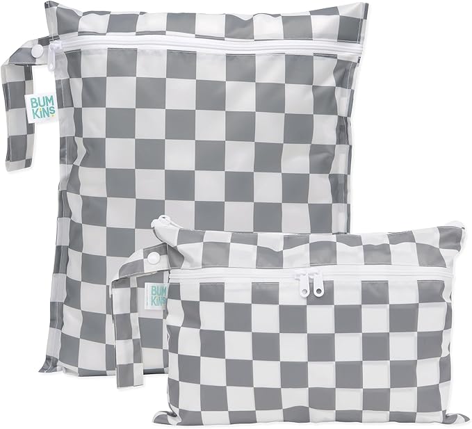 Bumkins - Waterproof Wet Bag & Wet/Dry Clutch Bags - For Beach, Baby, Travel, Swim Suit, Cloth Diapers, Pump Parts, Pool, Gym, Toiletries - Reusable & Easy to Clean - Gray Check - 2 Pack